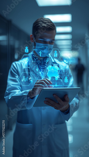doctor using digital tablet with holographic medical data interface
