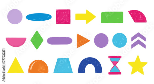 Collection of colorful geometric shapes and icons representing diverse forms and symbols