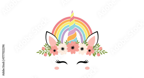 An adorable cartoon unicorn face with a pastel rainbow, whimsical floral wreath, and a vibrant striped horn, perfect for children's designs and magical themes.