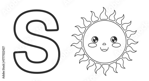 A coloring page featuring the uppercase letter S and a cute smiling cartoon sun, perfect for early education and fun activities.