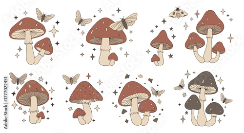 An enchanting seamless pattern with whimsical mushrooms, delicate butterflies, and sparkling stars in earthy, bohemian tones.