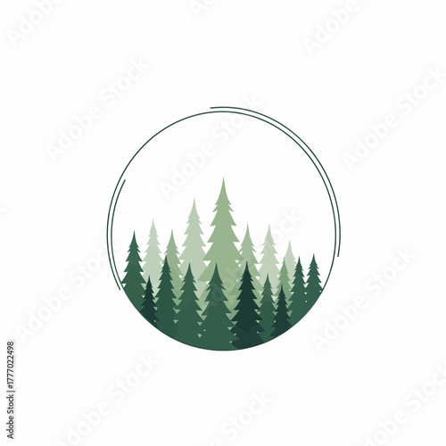 Stylized illustration of a dense evergreen forest with pine trees in various shades of green, enclosed within a minimalist circular frame on a white background.