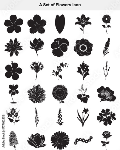 Set of Elegant Black Floral Icons Diverse Flower Silhouettes for Design