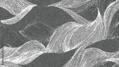 Abstract monochrome pattern of flowing lines and dots texture background