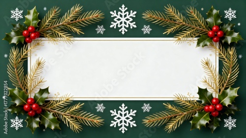 An elegant frame for a Christmas certificate. A minimalist horizontal template with golden pine branches, holly berries, and snowflakes.