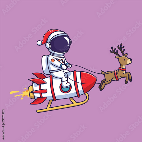 Cute Astronaut Riding Rocket Sleigh with Reindeer – Christmas Vector Illustration in Space