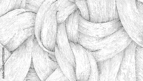 Abstract line art pattern of interwoven organic shapes with hatching texture background black