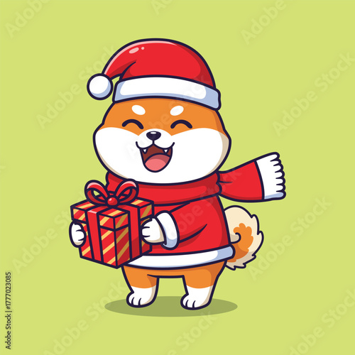 Cute Shiba Inu Dog in Santa Outfit Holding Christmas Gift . Holiday Vector Illustration