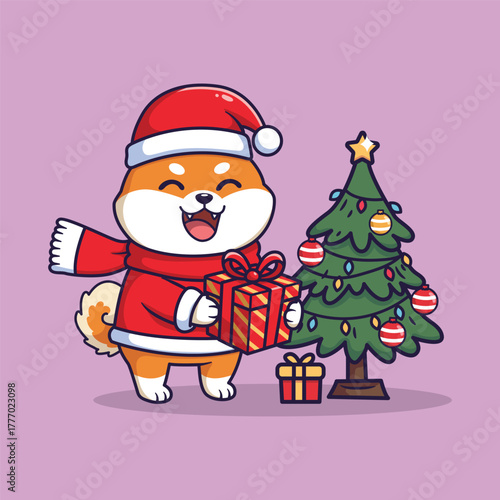 Cute Shiba Inu Dog with Christmas Tree and Gift. Festive Holiday Vector Illustration