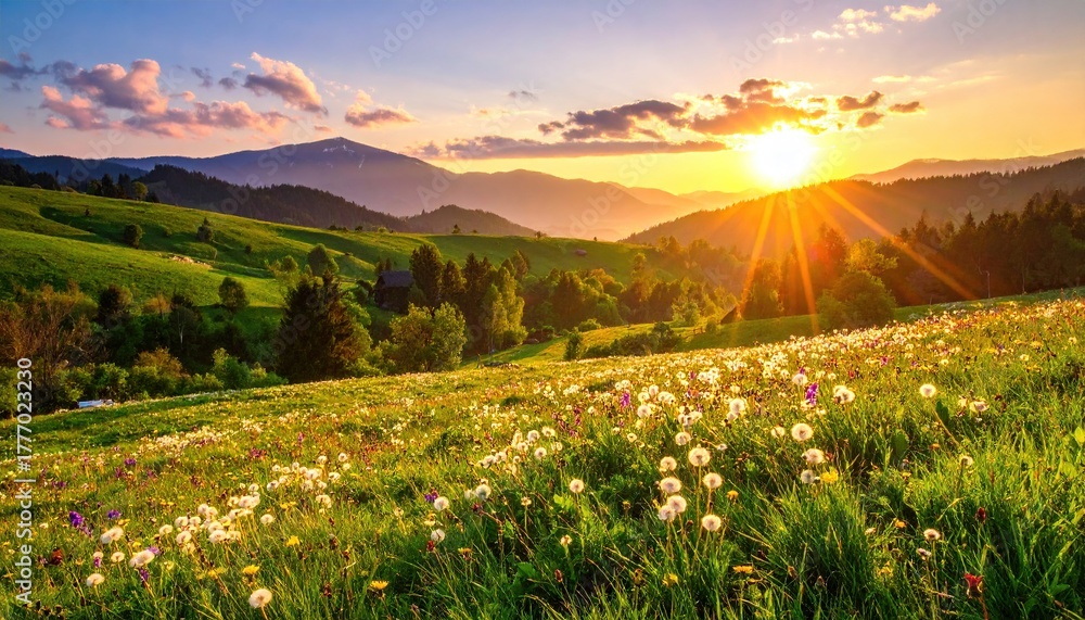 Fotobehang met Bergweide met paardenbloemen gouden zonsondergang #1777023230