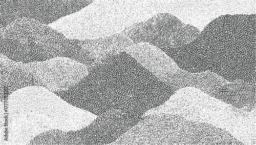 Abstract monochrome textured landscape with rolling hills and organic shapes pattern