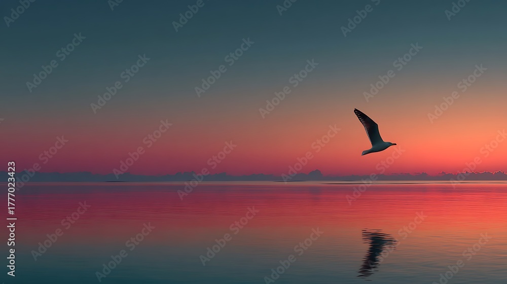 Fototapeta premium Single tiny bird flying across a soft gradient sky in minimal calm composition, perfect for presentation templates, marketing visuals, and corporate dashboard backgrounds