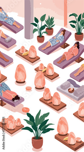 Relaxing Spa Day Isometric Pixel Art People Lounging Pink Himalayan Salt Lamps