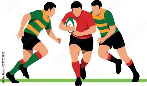 Rugby Players In Action Red And Green Uniforms White Background