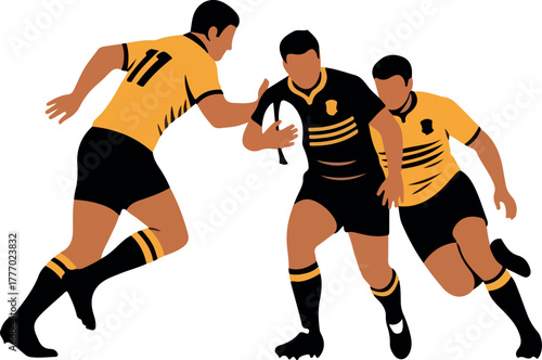 Rugby Players in Yellow and Black Uniforms Competing on White Background