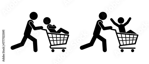 Stickman Friends Having Fun with Shopping Cart Set in Supermarket.