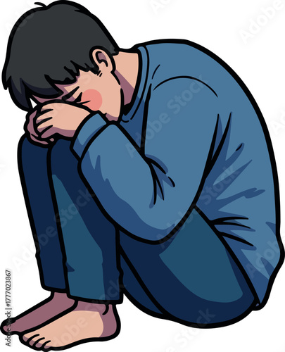 Sad Boy Crying Hiding Face In Blue Sweater And Jeans Isolated