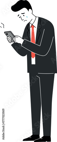 Sad Businessman In Black Suit Red Tie Crying While Using Mobile Phone