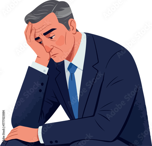 Sad Businessman In Dark Suit Blue Tie With Hand On Forehead