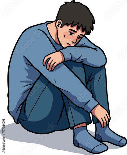 Sad Man In Blue Sweater Sitting Alone With Head Down Pixel Art