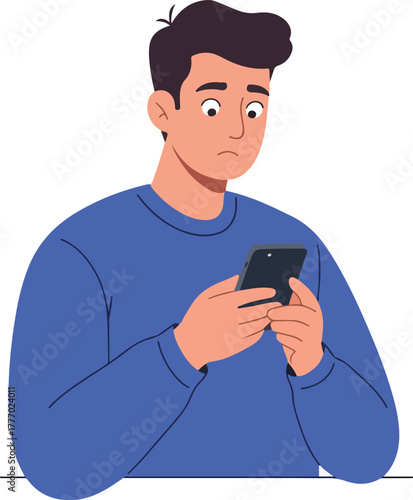 Sad Man Looking at Phone Blue Sweater Isolated Vector Illustration