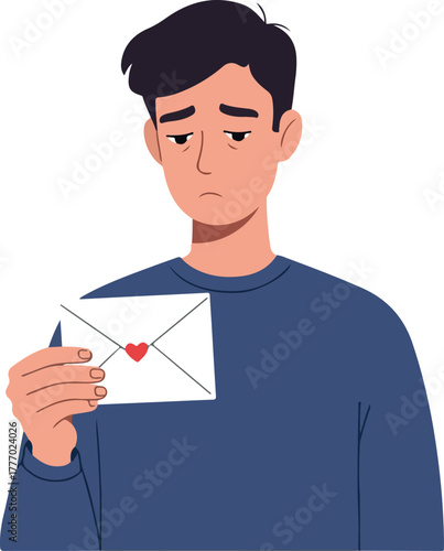 Sad Man Holding Love Letter with Red Heart Isolated on White Flat Design