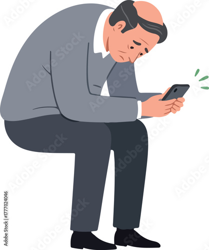 Sad Man Sitting Looking At Smartphone With Green Backlight