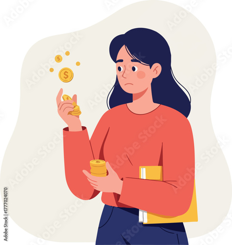 Sad Woman Holding Coins Financial Crisis Yellow Background Flat Design
