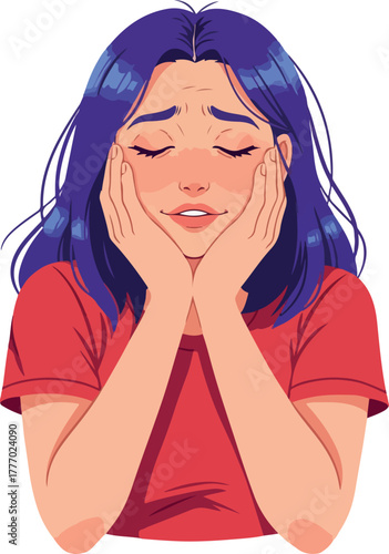Sad Woman Blue Hair Red TShirt Isolated Pixel Art