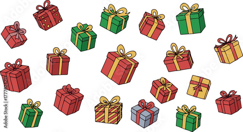 Scattered Christmas Gift Boxes Red Green Yellow White Background