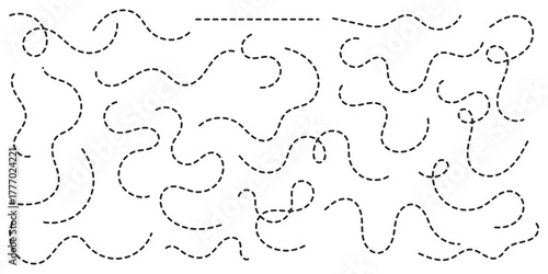Abstract wavy squiggle dashed line collection. Dotted spiral curve line. Transport dot paths lines. Thin line abstract doted swirl path. Minimal squiggle divider, loopy line vector icon isolated