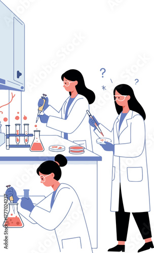 Science Lab Researchers In White Coats Conduct Experiments With Beakers And Test Tubes