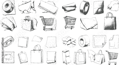 Collection of hand drawn shopping bags rolls of tape torn paper and shopping carts vector
