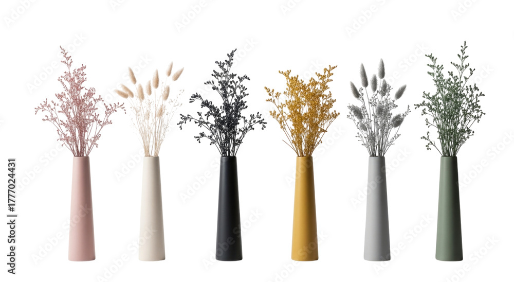 Fototapeta premium Six vases with dried flowers transparent background cutout png