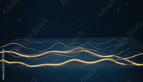 Garis cahaya emas mengalun di angkasa gelap, gelombang energi futuristik dengan rasa gerak halus nan elegan