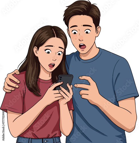 Shocked Couple Looks at Phone Screen with Surprised Expressions