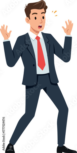 Shocked Businessman In Dark Suit Red Tie Arms Up White Background Minimalist