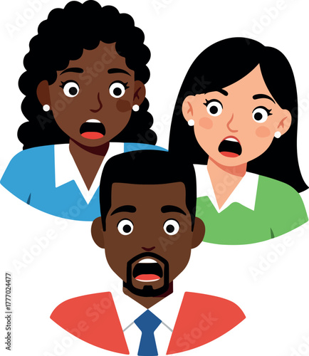 Shocked Diverse People Flat Design with Surprised Faces and Open Mouths