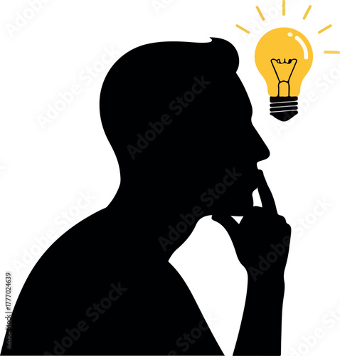 Silhouette of a Man Thinking With a Glowing Light Bulb Idea
