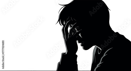 Silhouette Sad Man Holding Head in Distress and Anguish