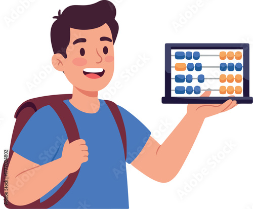 Smiling Boy Holding Laptop with Abacus Flat Design Illustration