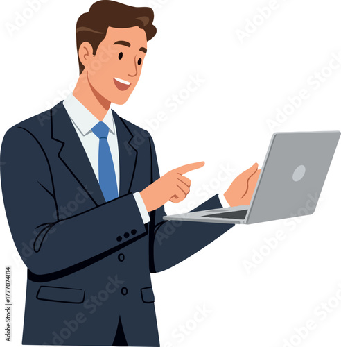 Smiling Businessman In Blue Suit Points To Laptop Screen White Background