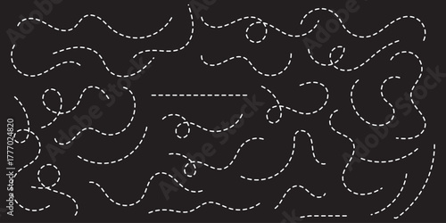 Hand drawn dotted line element set. Curved and twisted dashed paths. Wavy dashed curvy line, loopy squiggle path, decorative wave border, dotted line divider, seamless vector illustration. EPS 10 
