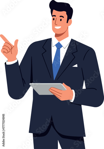 Smiling Businessman In Dark Blue Suit With Blue Tie Holding Tablet Pointing