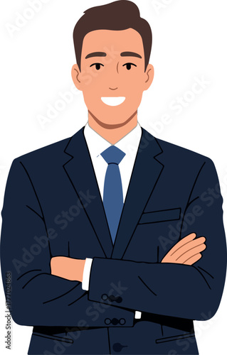 Smiling Businessman In Navy Suit With Blue Tie Crossed Arms