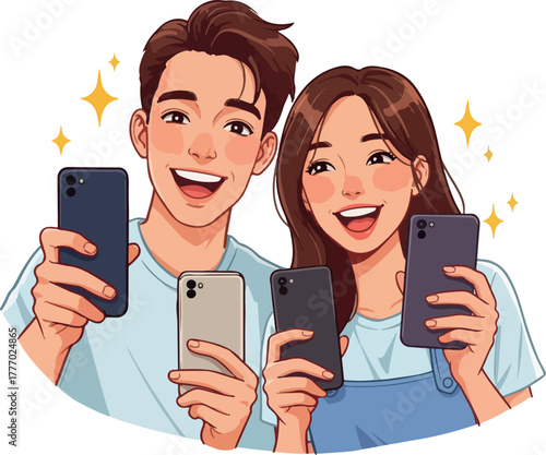 Smiling Couple Holding Smartphones Joyfully With Sparkles And White Background