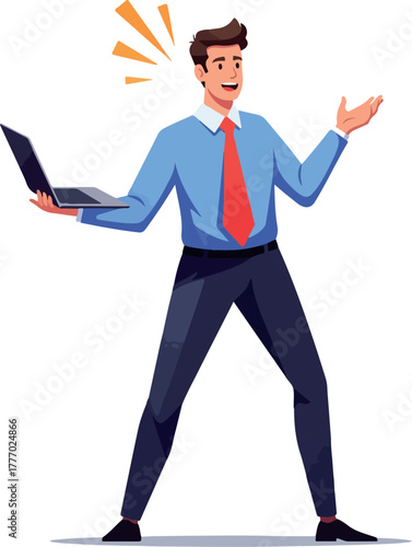 Smiling Businessman With Laptop Gesturing Enthusiastically In Business Attire