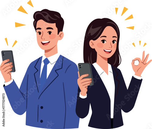 Smiling Man And Woman Holding Smartphones With OK Gesture Minimal Flat Design