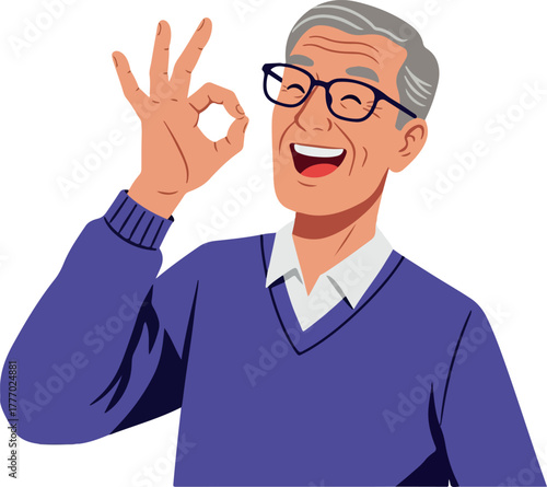Smiling Elderly Man with Glasses Gesturing OK Sign in Blue Sweater