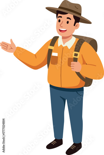 Smiling Man Explorer Wearing Hat and Backpack Orange Shirt Blue Pants Outdoors